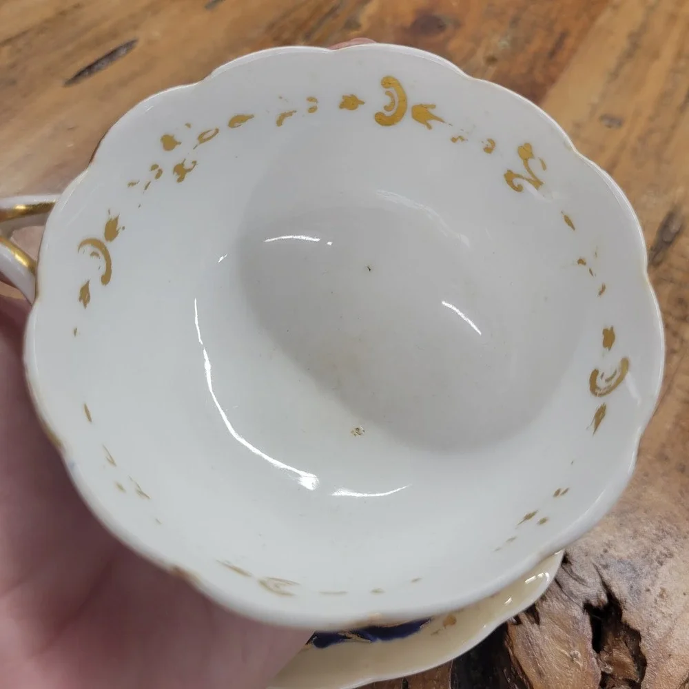 Antique John‎ Ridgway Tea Cup Saucer Cauldon Place Foliage Blue Gilding Acanthus